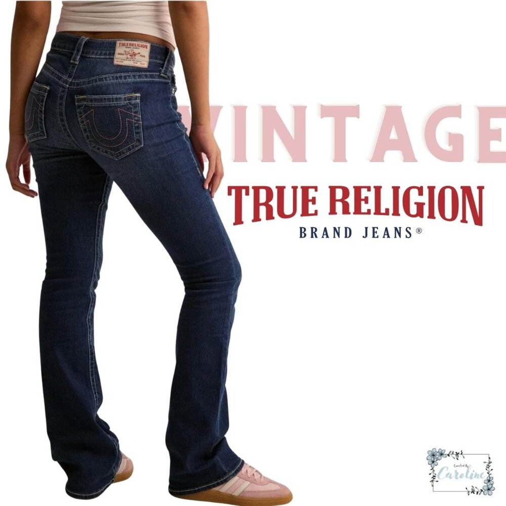 Vintage 00s True Religion “World Tour” Flare Jeans in Dark Wash, 28